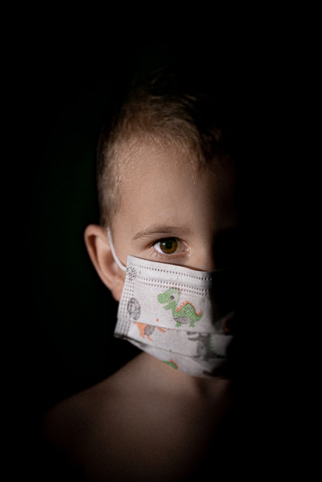 a young boy with dinosaurus mask