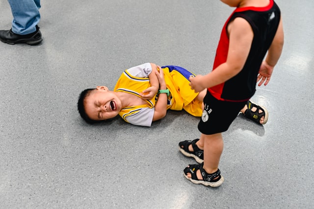 two littlw boys in a fight and the other one crying on the floor